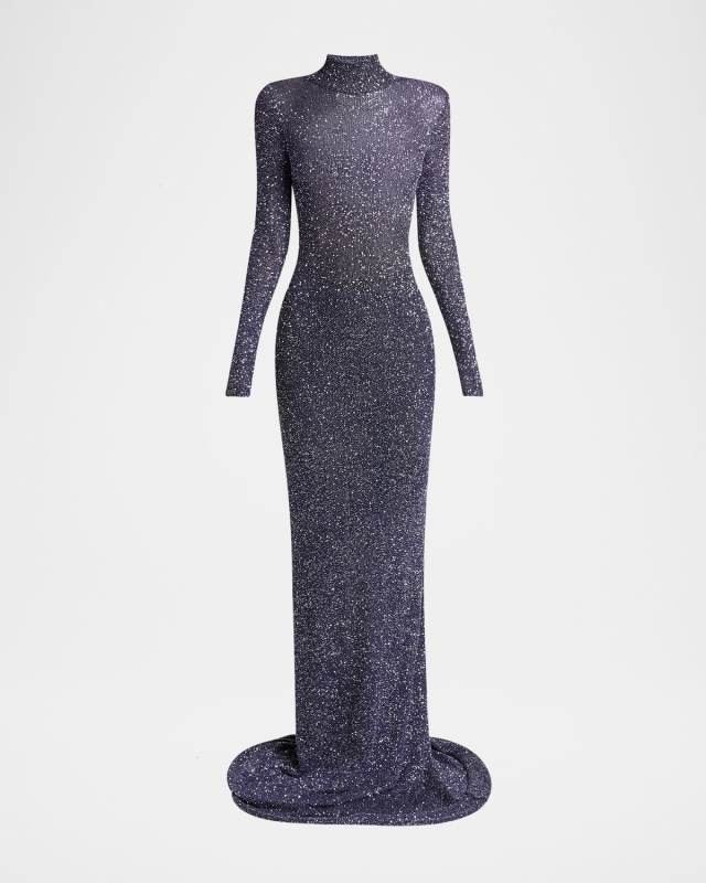 Sequined Mock-Neck Maxi Dress